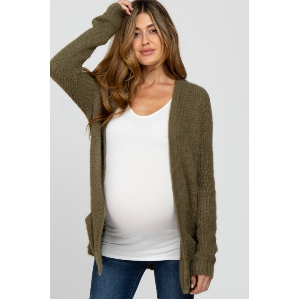 Olive Fuzzy Knit Maternity Cardigan (M/L)